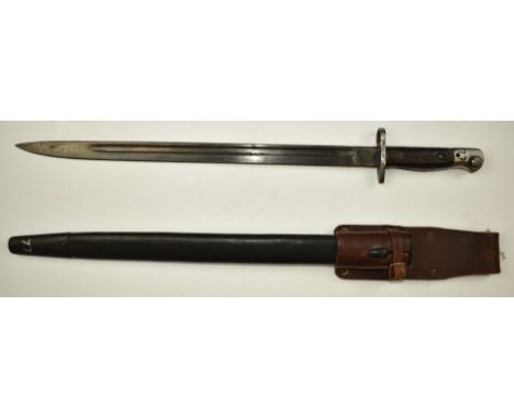 Australian 1907 pattern bayonet 1915 Lithgow and some clear stamps to ricasso, with 43cm fullered blade, scabbard and frog.&n