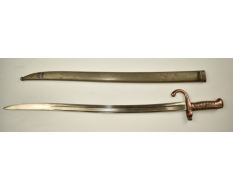 French 1866 pattern chassepot bayonet with coppered grips and crossguard stamped V21762, 57cm fullered yataghan blade and sca