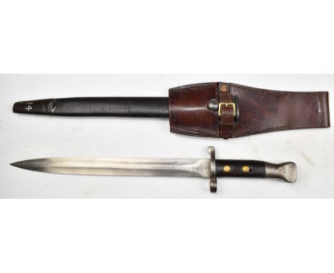 British 1888 pattern bayonet Mk I 2nd type, with some good stamps, 1676 to pommel, a 30cm double edged blade, scabbard and fr