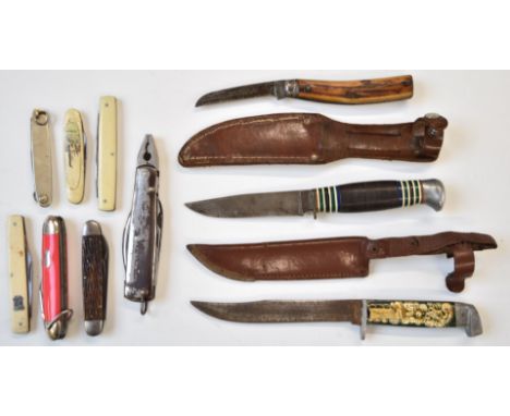 Ten various hunting and similar knives and multi-tools including Fagan, Saynor, Ulster Knife, Richards of Sheffield, Joseph R