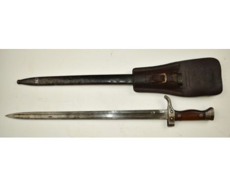 French 1892 pattern Mannlicher Berthier bayonet stamped 8279 to quillon, with 39cm fullered blade, scabbard and frog.&nbsp;PL