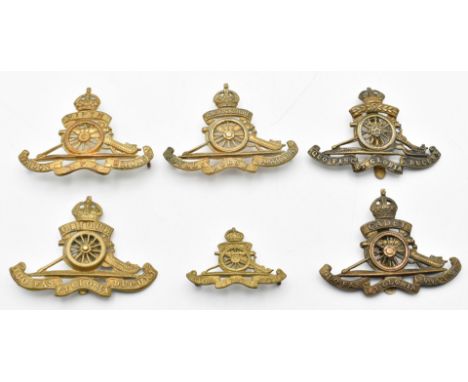 Six British Army Royal Artillery badges including 5th London Brigade RFA, Warwickshire Royal Horse Artillery and Cadet Artill