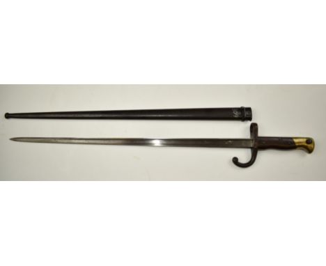 French 1879 pattern Kropatschek Navy rifle bayonet with wooden grips, Steyr maker's mark to ricasso, 52cm T form blade, 8586 