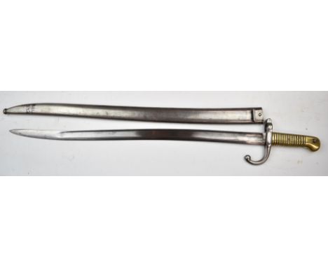 Belgian 1868 pattern yataghan bayonet, 1869 to ricasso and R 4512 to cross guard with 57.5cm fullered blade and scabbard.&nbs