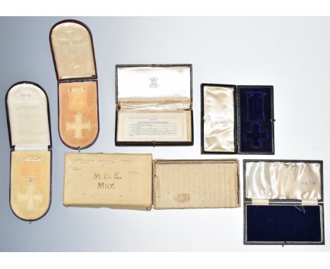 Five British Army Gloucestershire Regiment medals / awards empty boxes, comprising DSO by Garrard, MBE Royal Mint, two Milita