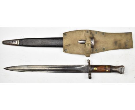 British 1888 pattern bayonet Mk I type 1, with some clear stamps to ricasso, a 30cm double edged blade, scabbard and Slade Wa