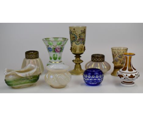 Nine glass vases, bowls, goblets and flower frogs including Kralik with iridescent and trailed decoration, overlaid and flash