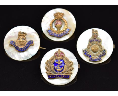 Three mother of pearl, metal and enamel sweetheart brooches for the Royal Navy HMS Royal Sovereign, HMS Renown and one for th