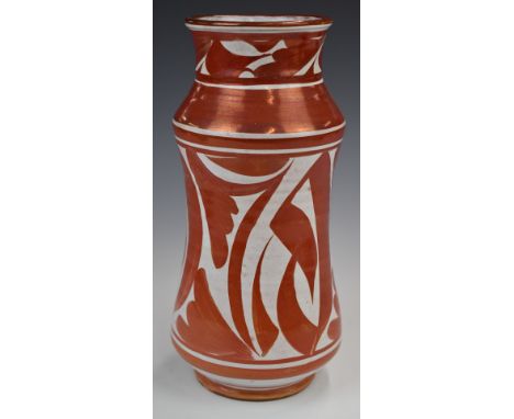 Alan Caiger Smith signed studio pottery waisted pedestal vase with lustre glaze and WA initials to base, height 29cm