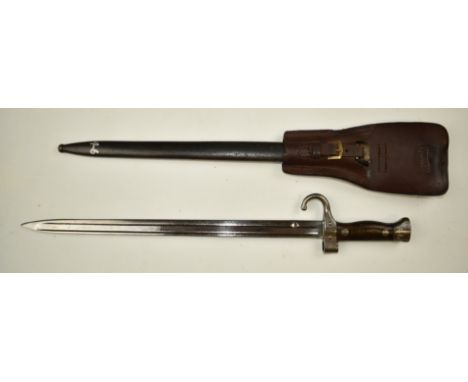 French 1892 pattern Mannlicher Berthier bayonet with wooden grips and overlapping muzzle ring,&nbsp;40cm fullered T form blad