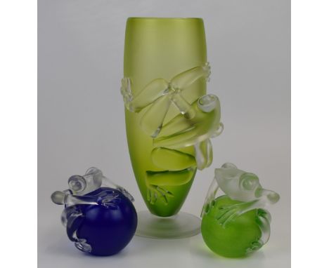 Three pieces of Iestyn Davies for Blowzone glass comprising a vase and two paperweights, all with applied decoration of frogs