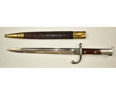 Brazilian 1908 pattern bayonet for Mauser, with 30cm fullered blade and scabbard.&nbsp;PLEASE NOTE ALL BLADED ITEMS ARE SUBJE