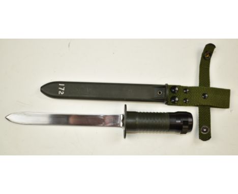 French 1982/1985 pattern bayonet with plastic grips, 18cm plated blade, scabbard and frog. PLEASE NOTE ALL BLADED ITEMS ARE S