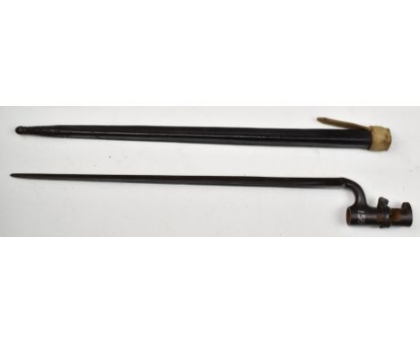 British 1853 pattern socket bayonet with some stamps to ricasso including crown over 42, 43cm blade and scabbard. PLEASE NOTE