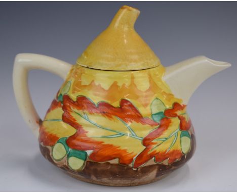 Clarice Cliff for Wilkinson Pottery Bizarre Lynton&nbsp;teapot&nbsp;decorated in the Acorn pattern, height 12.5cm