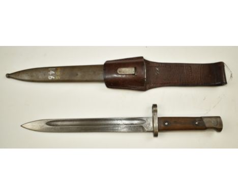 Austrian 1888 pattern Mannlicher bayonet with solid muzzle ring, CE over WG to ricasso, 24cm fullered blade, scabbard and fro