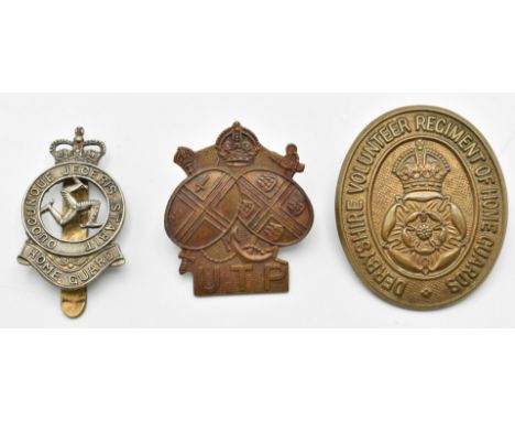 Three British Army Home Guard badges for the Upper Thames Patrol, Derbyshire Volunteers and Isle of Man