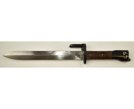 Argentinian FN Fal bayonet with 20cm blade, scabbard and frog with matching numbers 20794. PLEASE NOTE ALL BLADED ITEMS ARE S