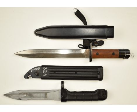 Danish 1947 pattern bayonet for export with wooden grips, 21cm double edged blade and scabbard, together with a Bulgarian bay