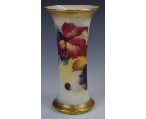 Royal Worcester flared vase decorated with blackberries and signed Kitty Blake, height 20cm