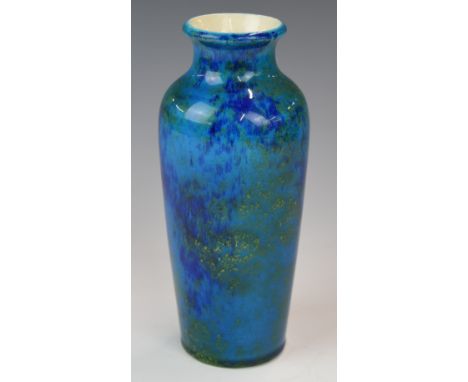 Sèvres white vase with mottled blue and yellow flambé style glaze, height 17cm