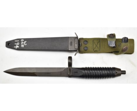 German Cold War bayonet for G3 rifle with 7/4/77 to handle, a 16.5cm blade, scabbard and frog. PLEASE NOTE ALL BLADED ITEMS A