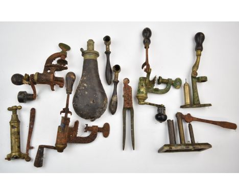 Ten various shotgun cartridge re-loading and shooting related tools and accessories including James Dixon &amp; Sons leather 