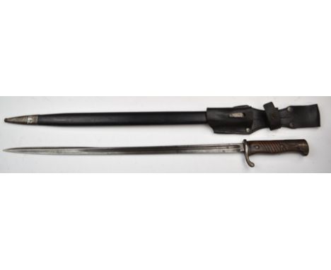 German 1898 pattern bayonet with Erfurt to ricasso and 9.J.2.12 to crossguard, 52cm fullered pipeback blade, scabbard and fro