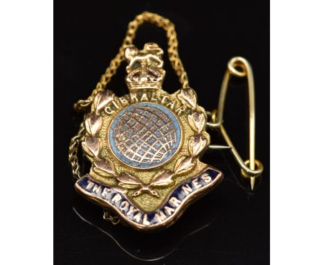 Royal Marines 9ct gold and enamel sweetheart brooch, 2.9g