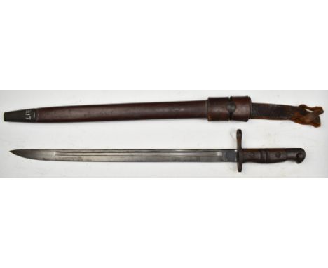 British 1917 pattern sword bayonet with some good stamps to ricasso including Remington, a 43.5cm fullered blade, scabbard an