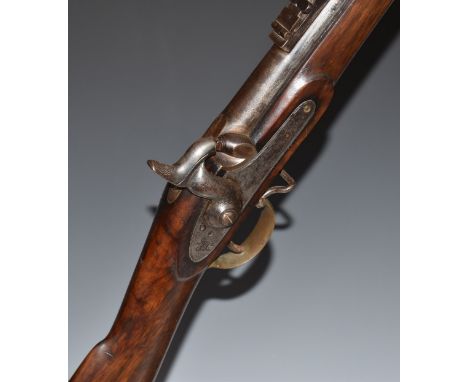 Enfield three band percussion hammer action rifle with lock stamped '1857 Tower' and with crown over 'VR' cypher, brass trigg