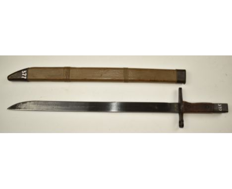 Japanese Arisaka type 30 bayonet with&nbsp; wooden grips, stamps to ricasso, 40cm fullered blade, scabbard and frog.&nbsp;PLE