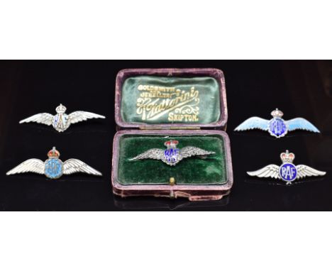 Royal Air Force silver, marcasite and enamel sweetheart brooch in box, together with four&nbsp;silver and enamelled examples 