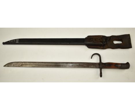 Japanese Arisaka type 30 bayonet with 39cm fullered blade, scabbard and frog.&nbsp;PLEASE NOTE ALL BLADED ITEMS ARE SUBJECT T