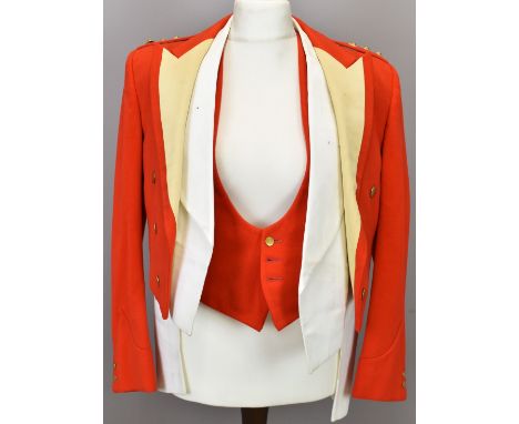 British Army Gloucestershire Regiment officer's mess jacket and waistcoat in scarlet with yellow facings, rank insignia to sh