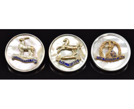 Three mother of pearl and enamel&nbsp;sweetheart brooches for the Suffolk Regiment, The King's Regiment and the Warwickshire 