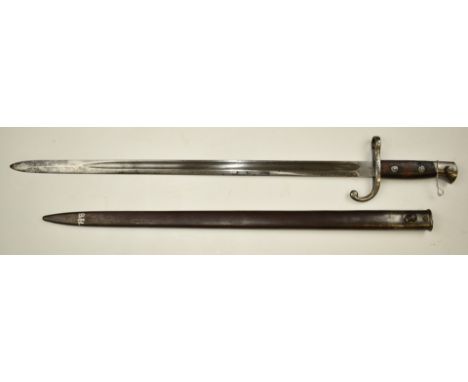 Belgian 1889 pattern sword bayonet stamped 23574 to cross guard, with 54.5cm fullered blade and scabbard stamped 32209.&nbsp;