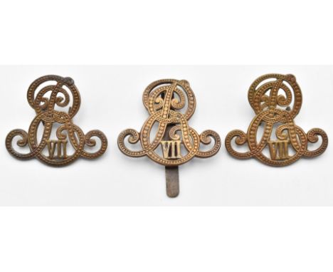 Three Army Recruiter Edward VII cipher metal cap badges, two with loops, the other with slider