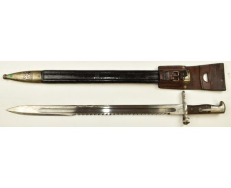 Swiss 1881 pattern Vetterli sawback bayonet with good stamps to ricasso including SIG 4150, 47.5cm sawback blade, scabbard an