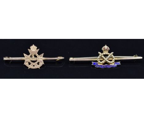 Two Infantry sweetheart brooches / tie pins, one 9ct gold and enamel for the South Staffordshire Regiment the other 9ct gold 