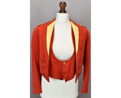 British Army Gloucestershire Regiment officer's scarlet mess jacket with yellow lapels, rank insignia to shoulder straps, ass