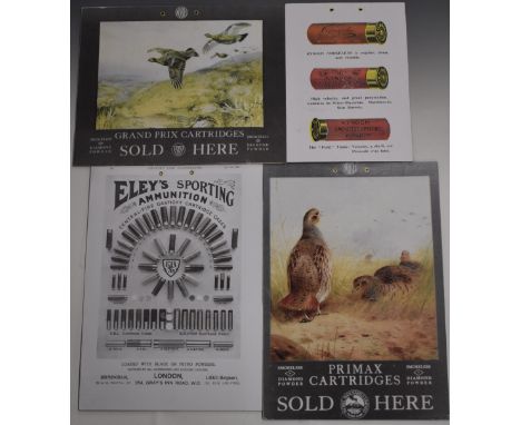Four modern shop display or advertising shotgun cartridge boards including Eley Sporting Ammunition, Primax Cartridges, Grand