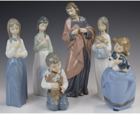 Six Nao figures including children with puppies, tallest 28cm