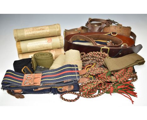 British Army Gloucestershire Regiment various belts including stable and Sam Brown, together with lanyards and six empty memo