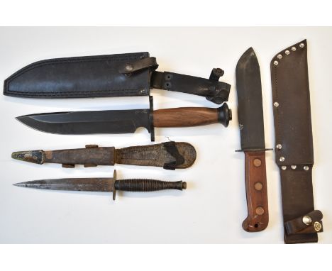 Fairbairn Sykes style fighting knife with 17.5cm double edged blade and leather sheath, together with two survival knives, on