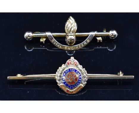 Two Royal Engineers 9ct gold and enamel sweetheart brooches, 5g