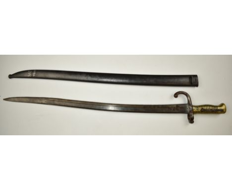 Dutch 1873 pattern sword bayonet with brass grips, long spring, 4269 to crossguard and P Steven Maastricht to ricasso, with 5