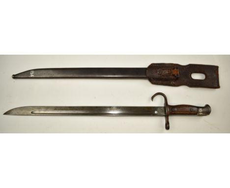 Japanese Arisaka type 30 bayonet with 40cm fullered blade, scabbard and frog.&nbsp;PLEASE NOTE ALL BLADED ITEMS ARE SUBJECT T