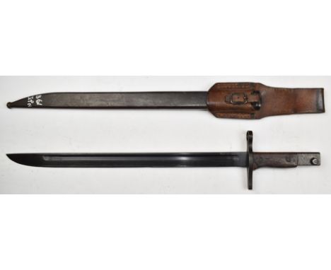 Japanese Ariska type 30 bayonet with some good stamps to ricasso, a 40cm fullered blade, scabbard and frog. PLEASE NOTE ALL B
