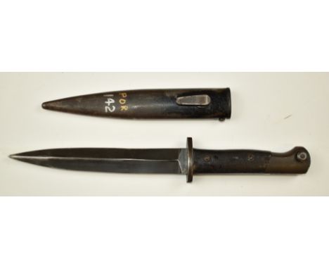 Portuguese 1948 pattern knife bayonet for FBP sub machine gun, crossguard stamped 12215, with 17.5cm double edged blade and s